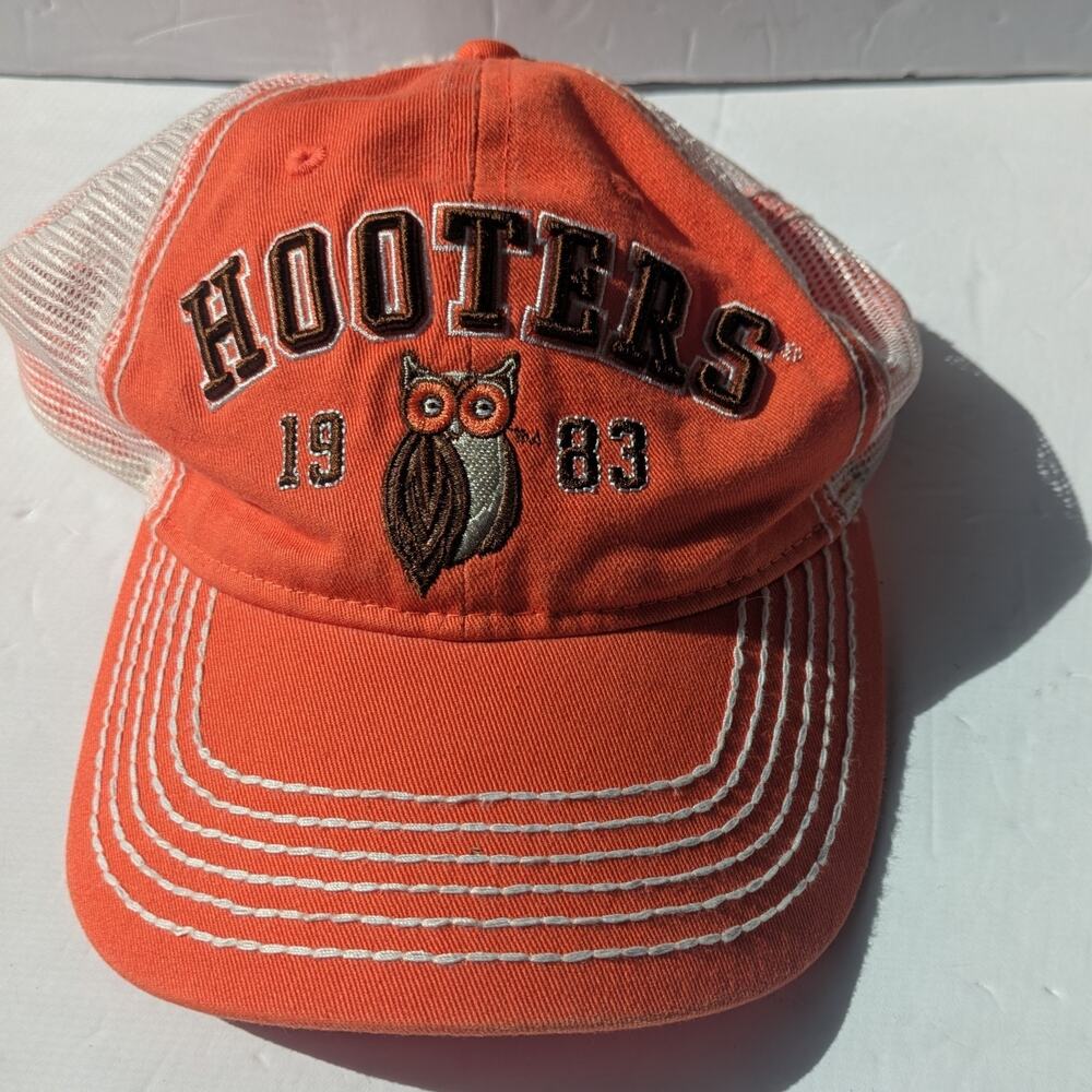 Hooters Hat Orange Trucker Snapback Est 1983 Owl Logo Distressed Mesh Cap Retro
